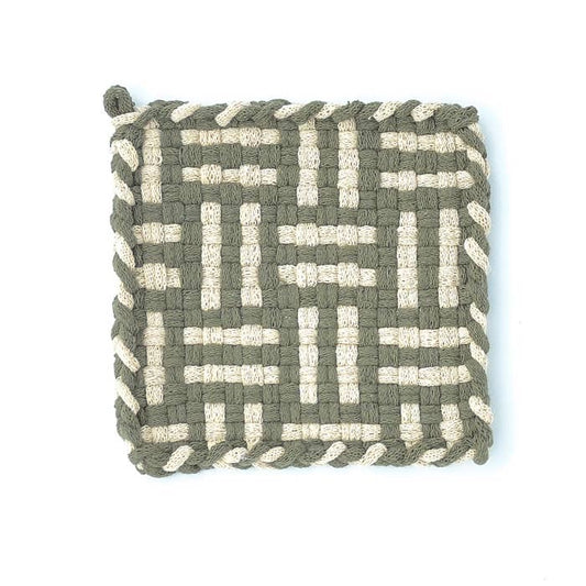 green and cream handmade 100 percent cotton geometric woven potholder or trivet for a farmhouse kitchen