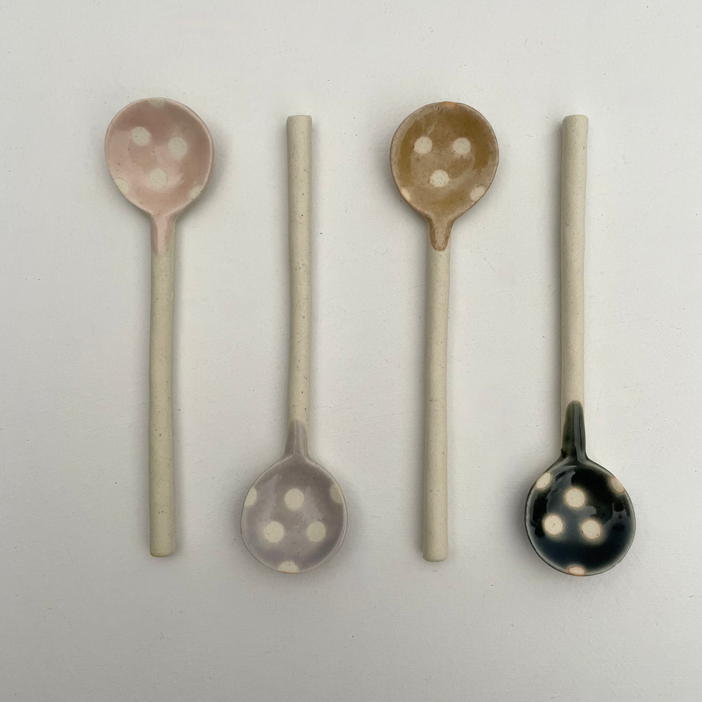 pink lavender mustard hunter green and cream polka dot handmade Japanese ceramic pottery tea or coffee spoons