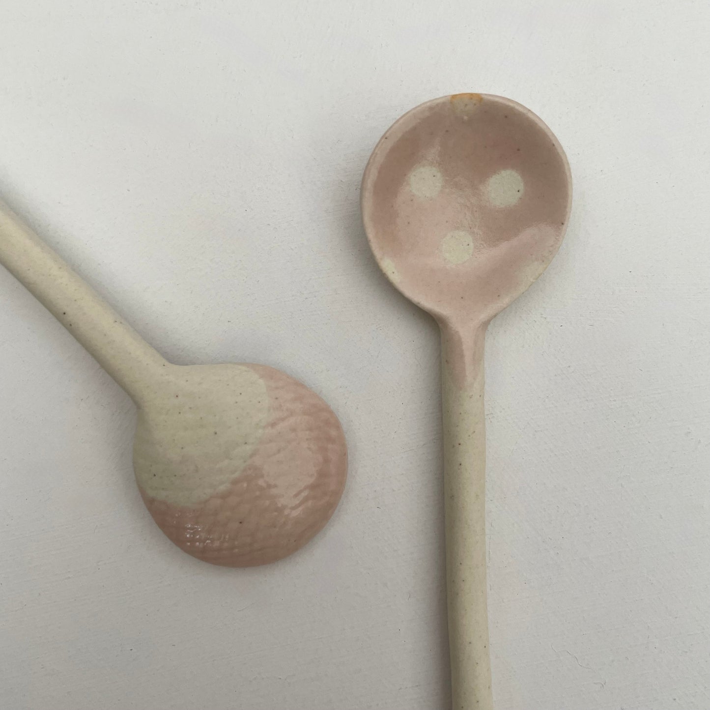 light pink and cream polka dot handmade Japanese ceramic pottery tea or coffee spoons