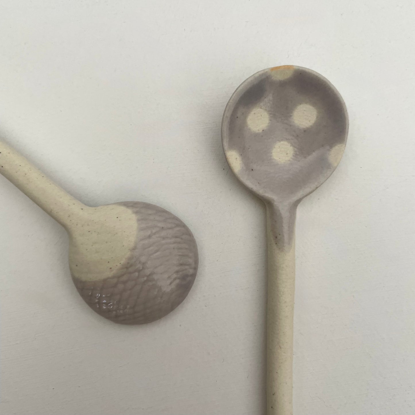 lavender purple and cream polka dot handmade Japanese ceramic pottery tea or coffee spoons