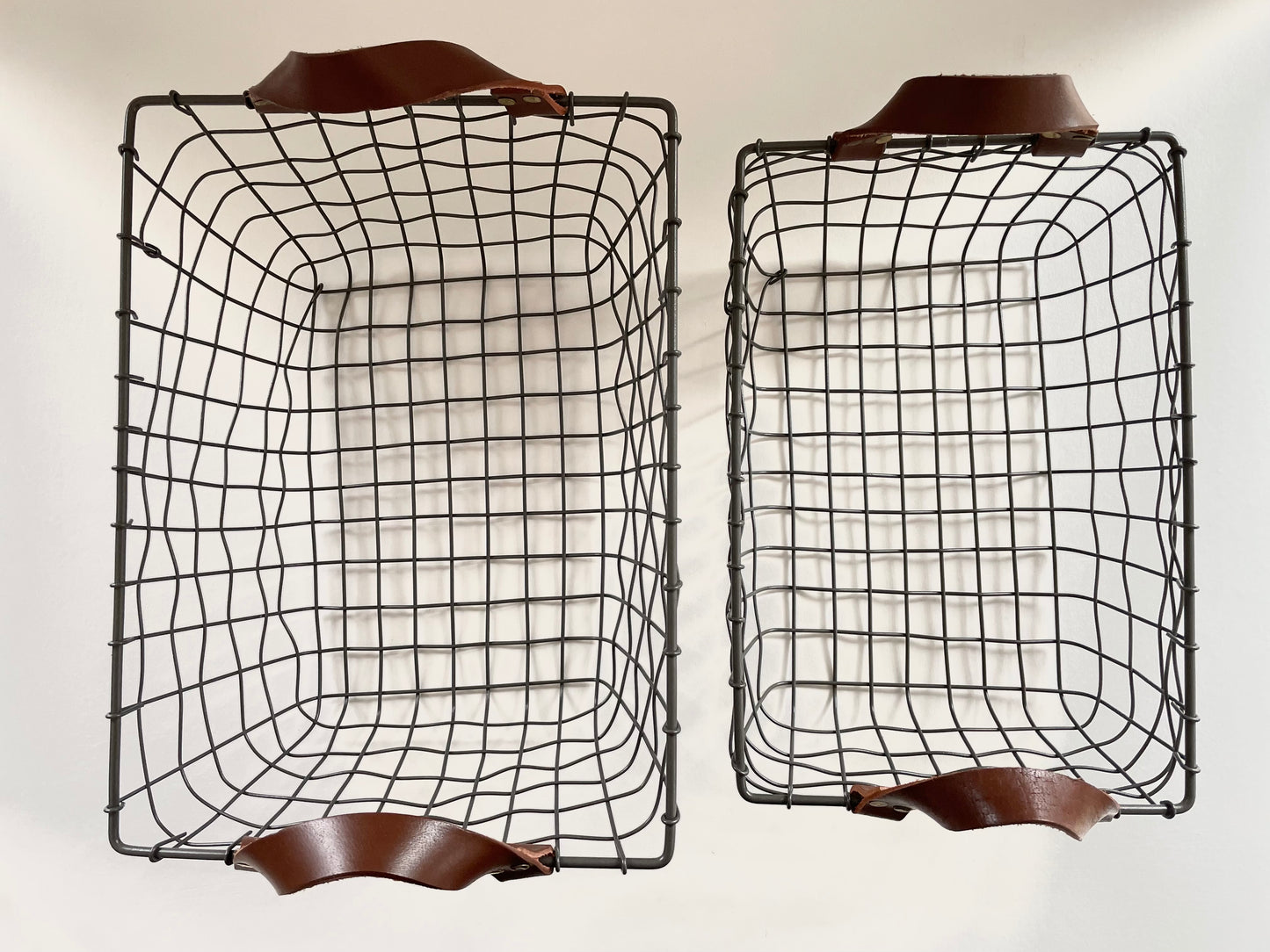 woven rectangular iron fruit basket with leather handles