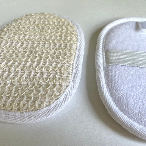 white and cream ramie and terry cloth oval bath exfoliating sponge
