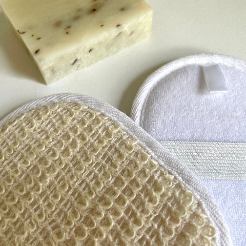 white and cream ramie and terry cloth oval bath exfoliating sponge