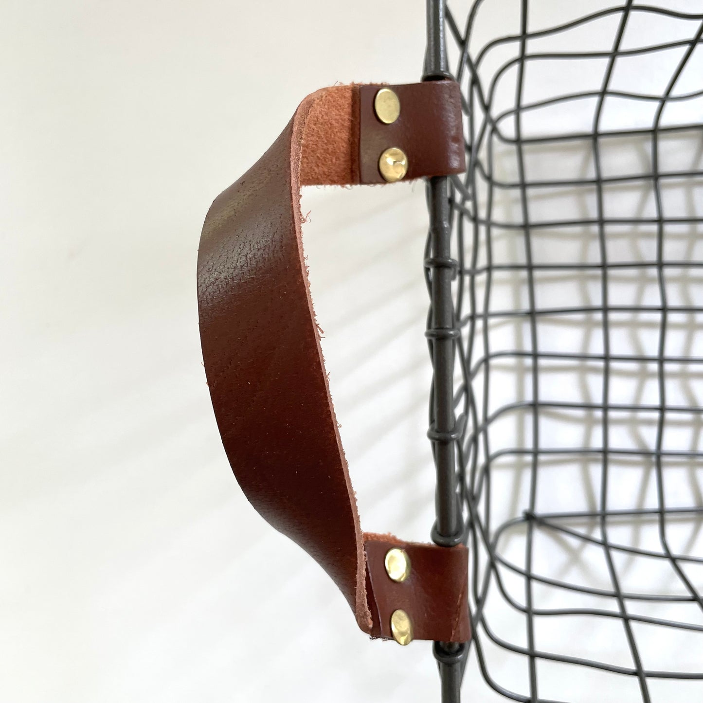 woven rectangular iron fruit basket with leather handles