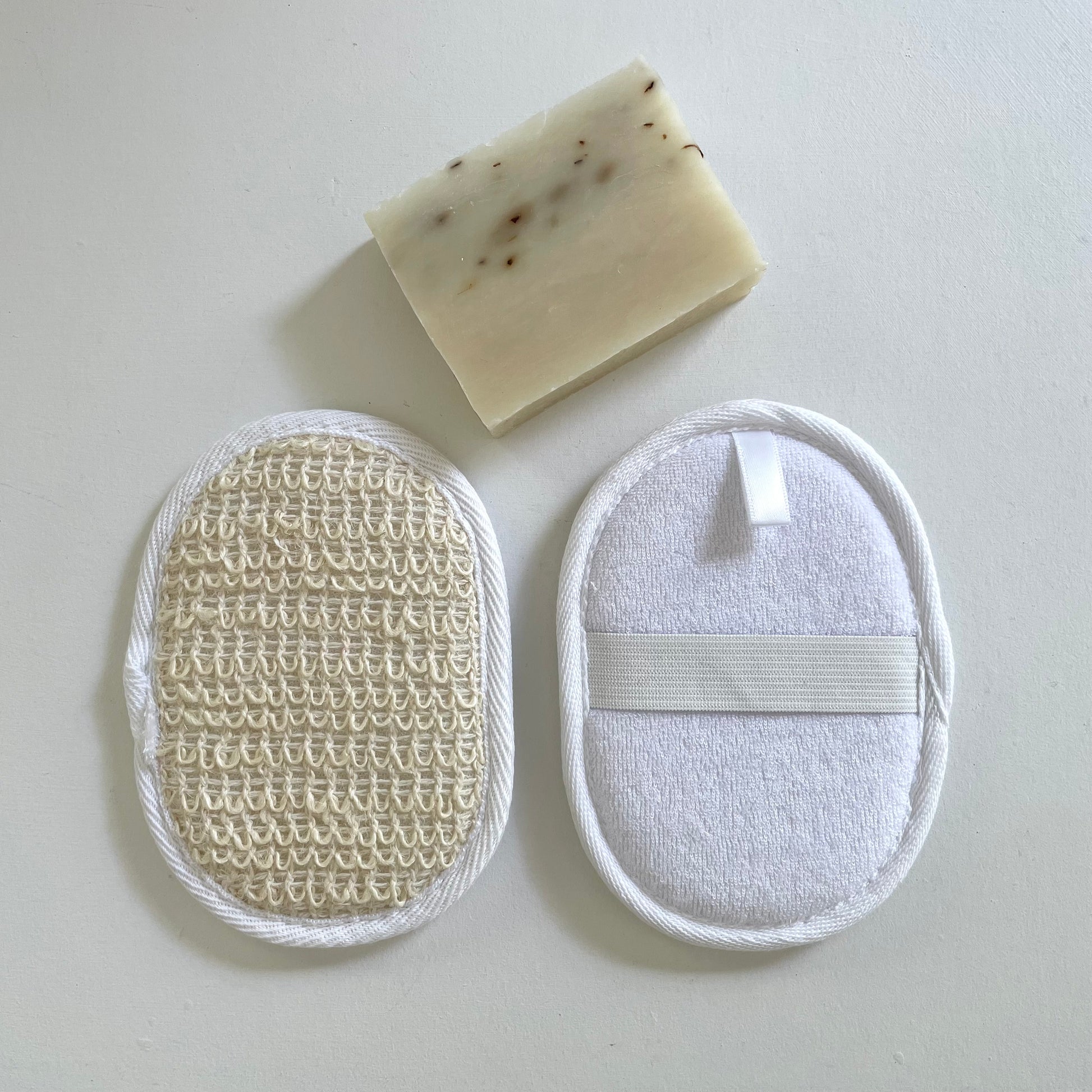 white and cream ramie and terry cloth oval bath exfoliating sponge