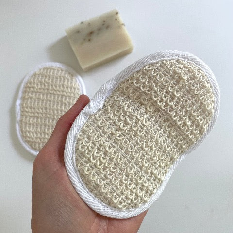 white and cream ramie and terry cloth oval bath exfoliating sponge
