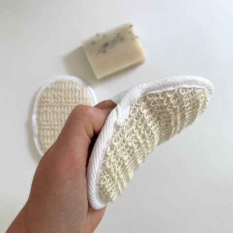 white and cream ramie and terry cloth oval bath exfoliating sponge