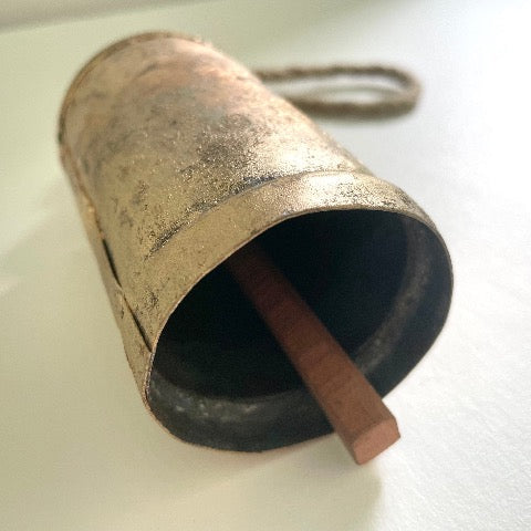 5 inch tin bell with brass finish wood striker and jute hanger