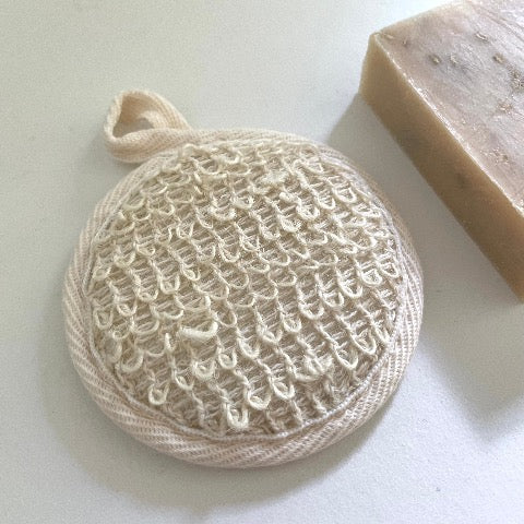 ramie and terry cloth cream eco sustainable exfoliating round 3 1/2 inch face sponge