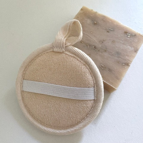 ramie and terry cloth cream eco sustainable exfoliating round 3 1/2 inch face sponge