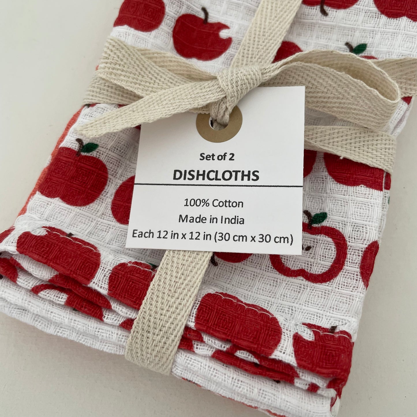 set of 2 100% cotton 12 inch square red apple and flower dishcloths handmade in India