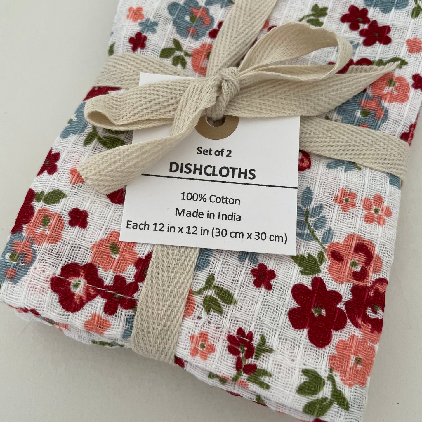 set of 2 100% cotton 12 inch square red floral and stripe dishcloths handmade in India