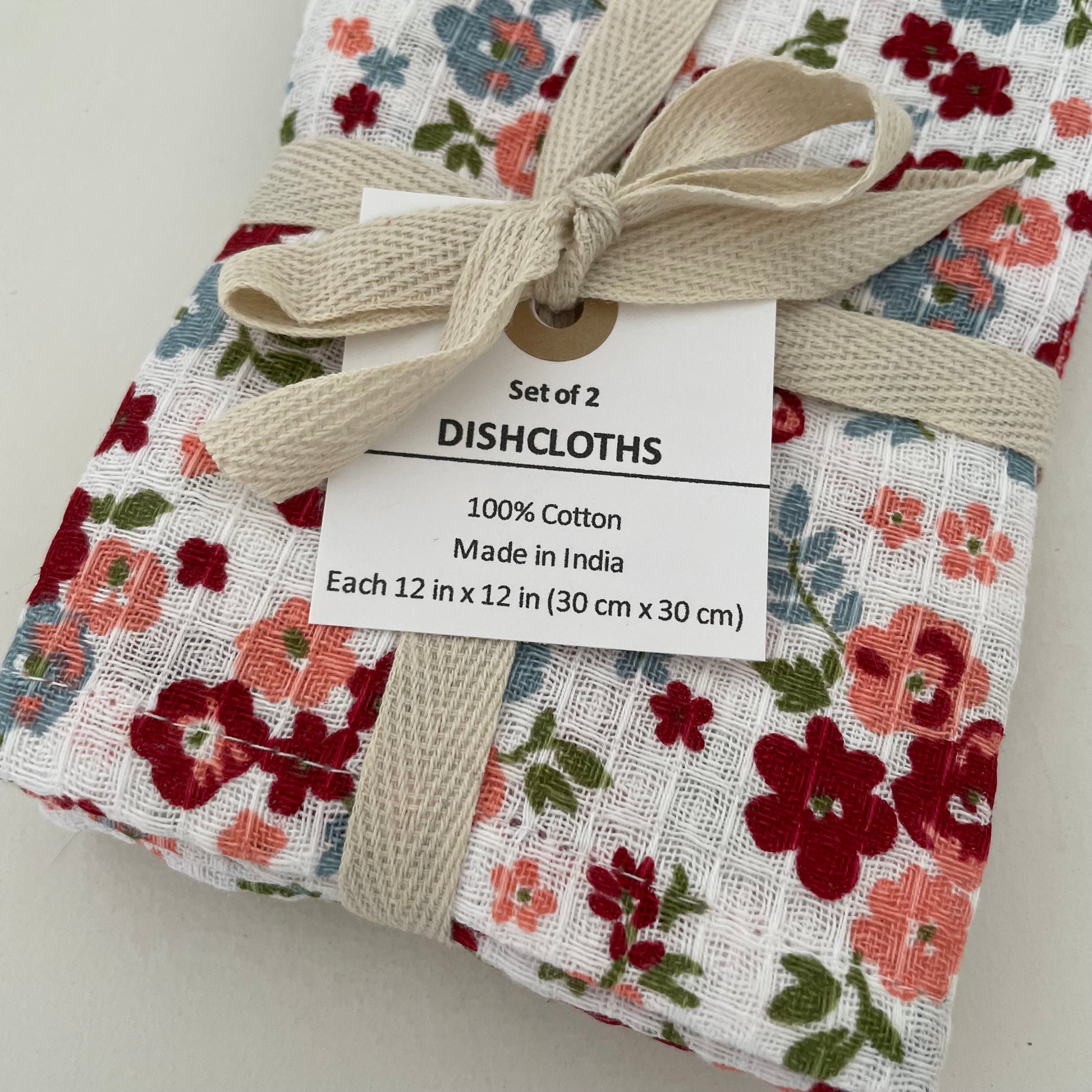 set of 2 100% cotton 12 inch square red floral and stripe dishcloths handmade in India