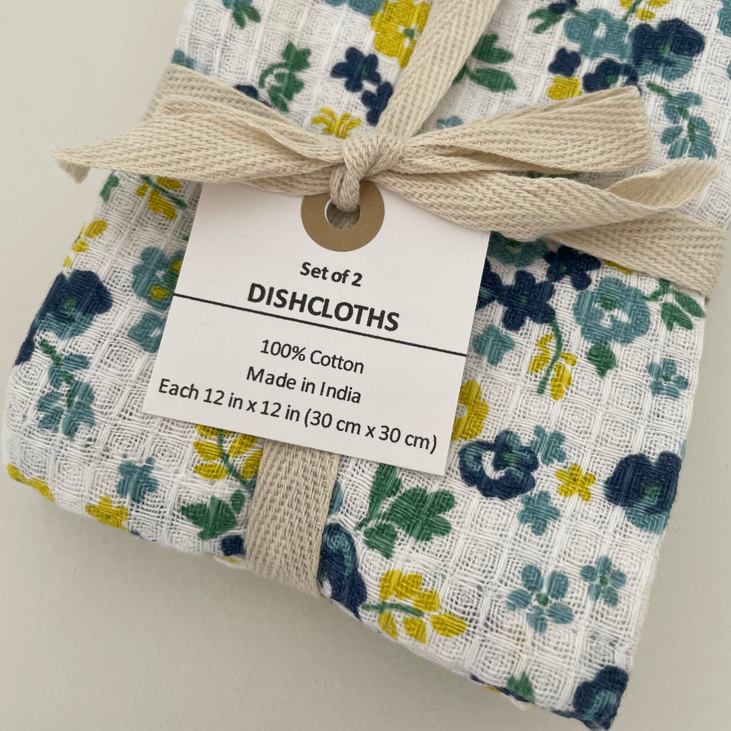 set of 2 100% cotton 12 inch square blue floral and stripe dishcloths handmade in India