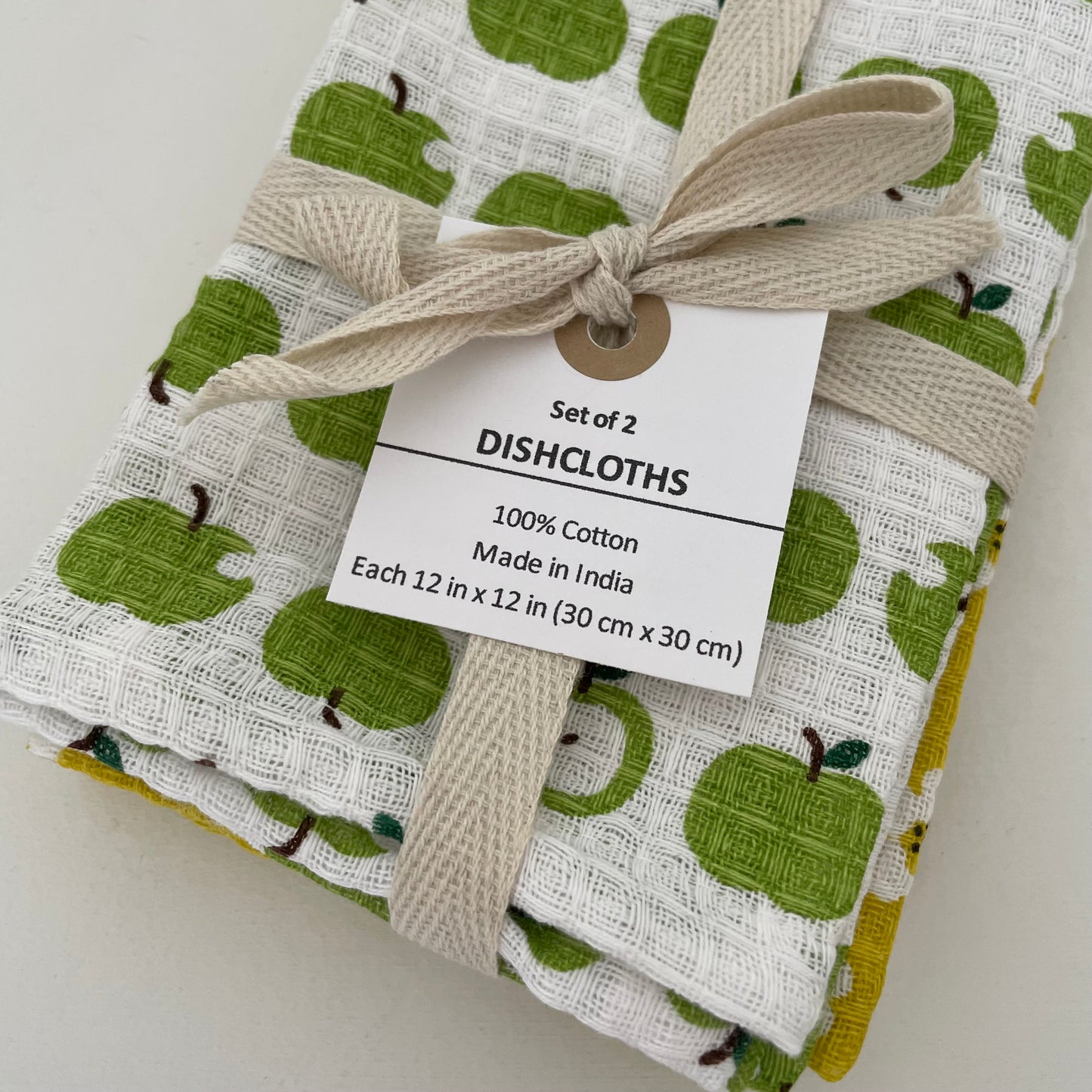green apple and yellow flower 100% cotton 12" square set of 2 dishcloths made in India