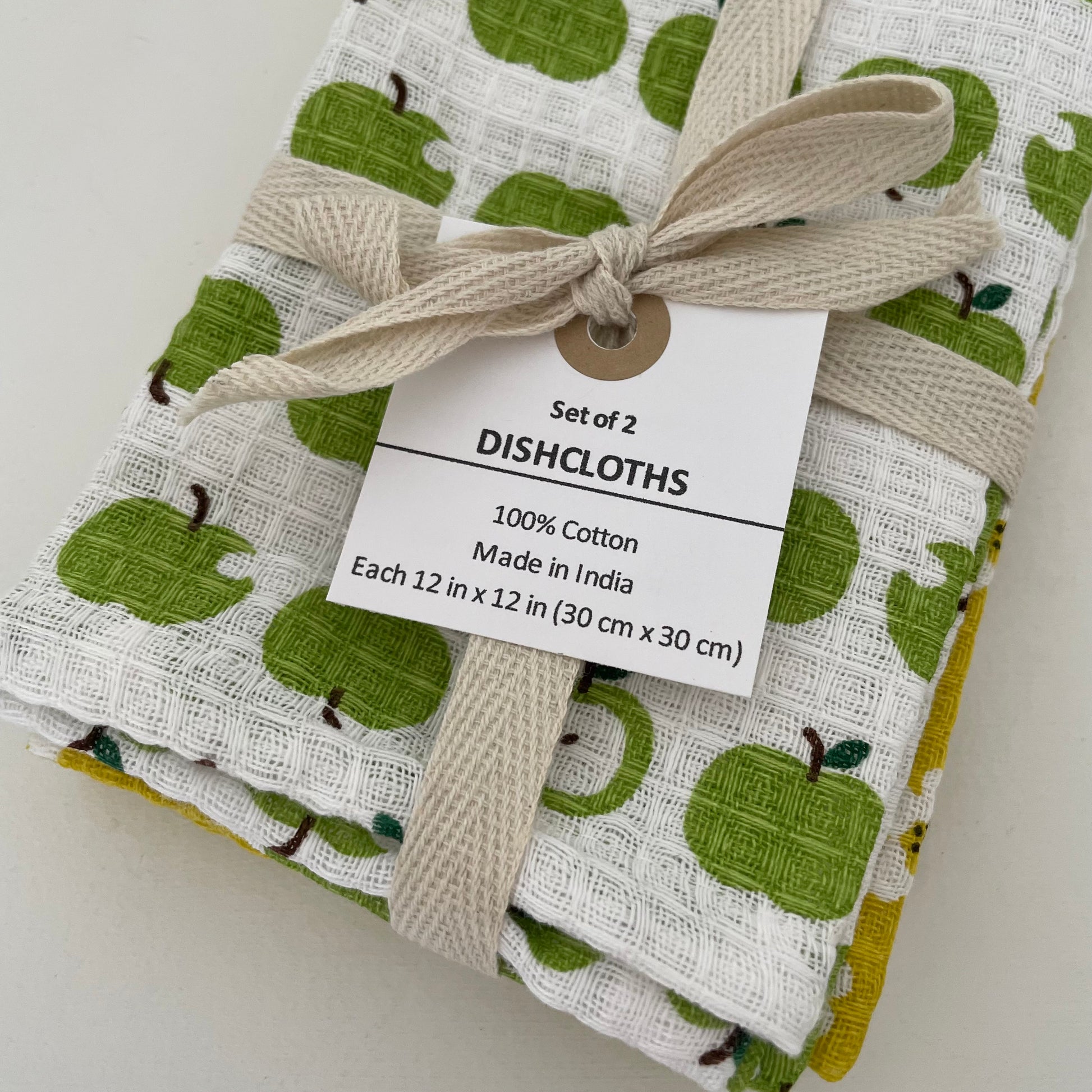 green apple and yellow flower 100% cotton 12" square set of 2 dishcloths made in India