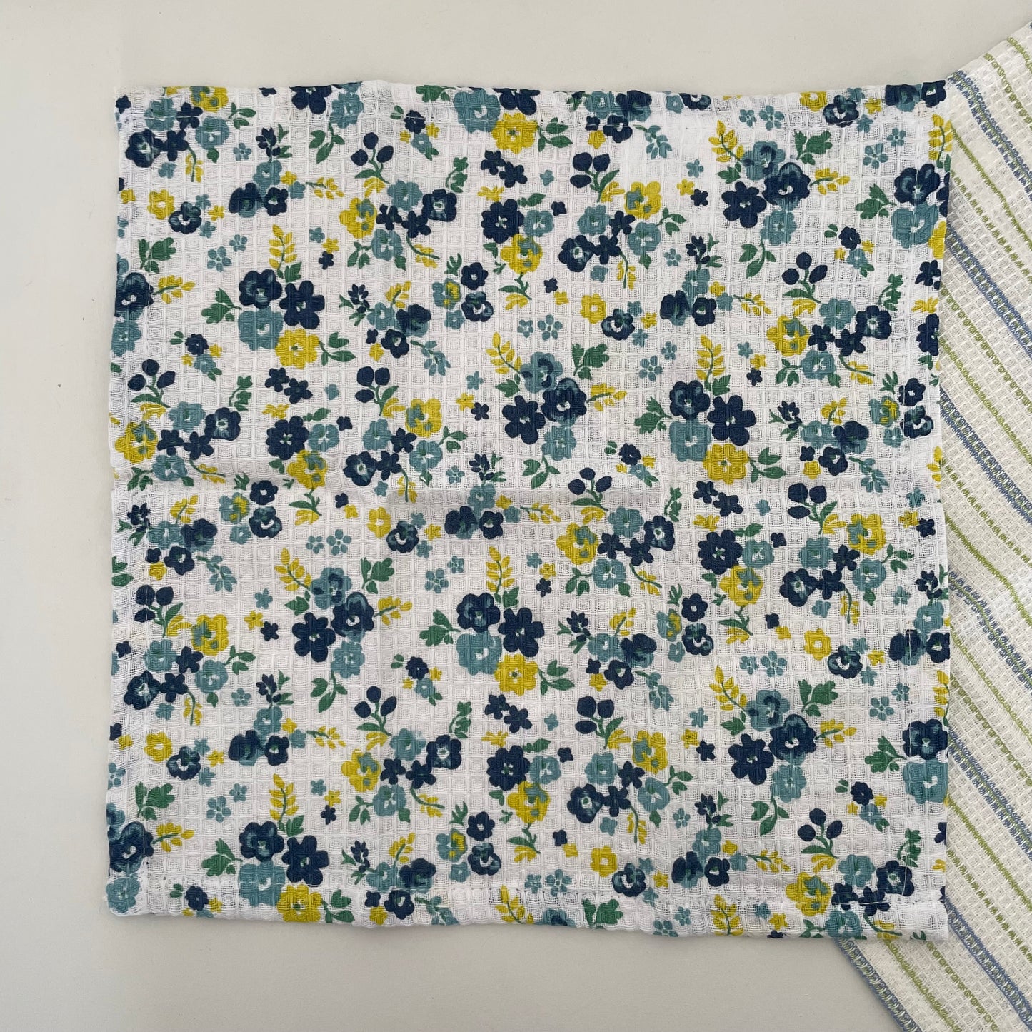 set of 2 100% cotton 12 inch square blue floral and stripe dishcloths handmade in India