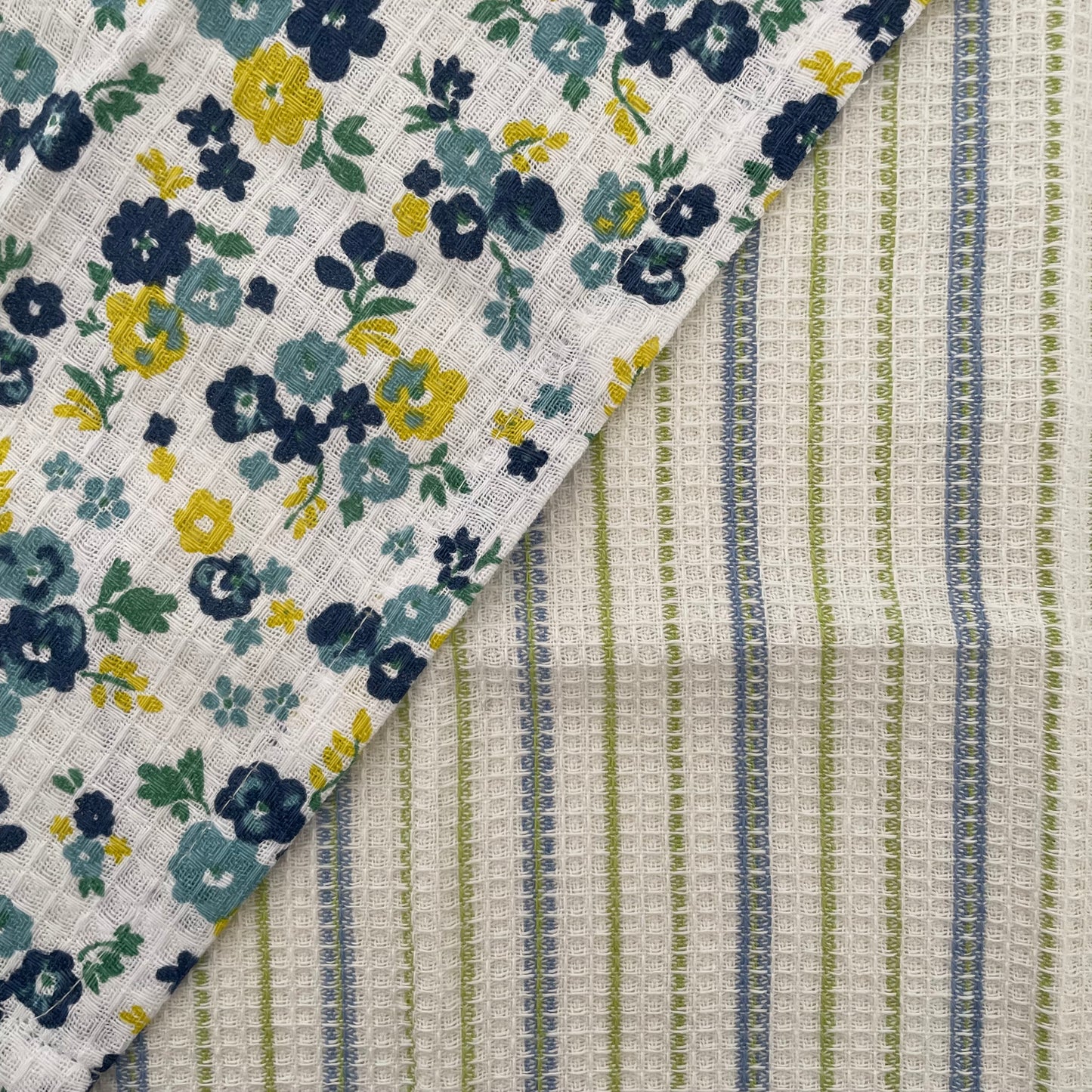 set of 2 100% cotton 12 inch square blue floral and stripe dishcloths handmade in India