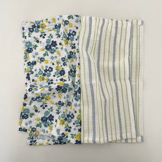 set of 2 100% cotton 12 inch square blue floral and stripe dishcloths handmade in India