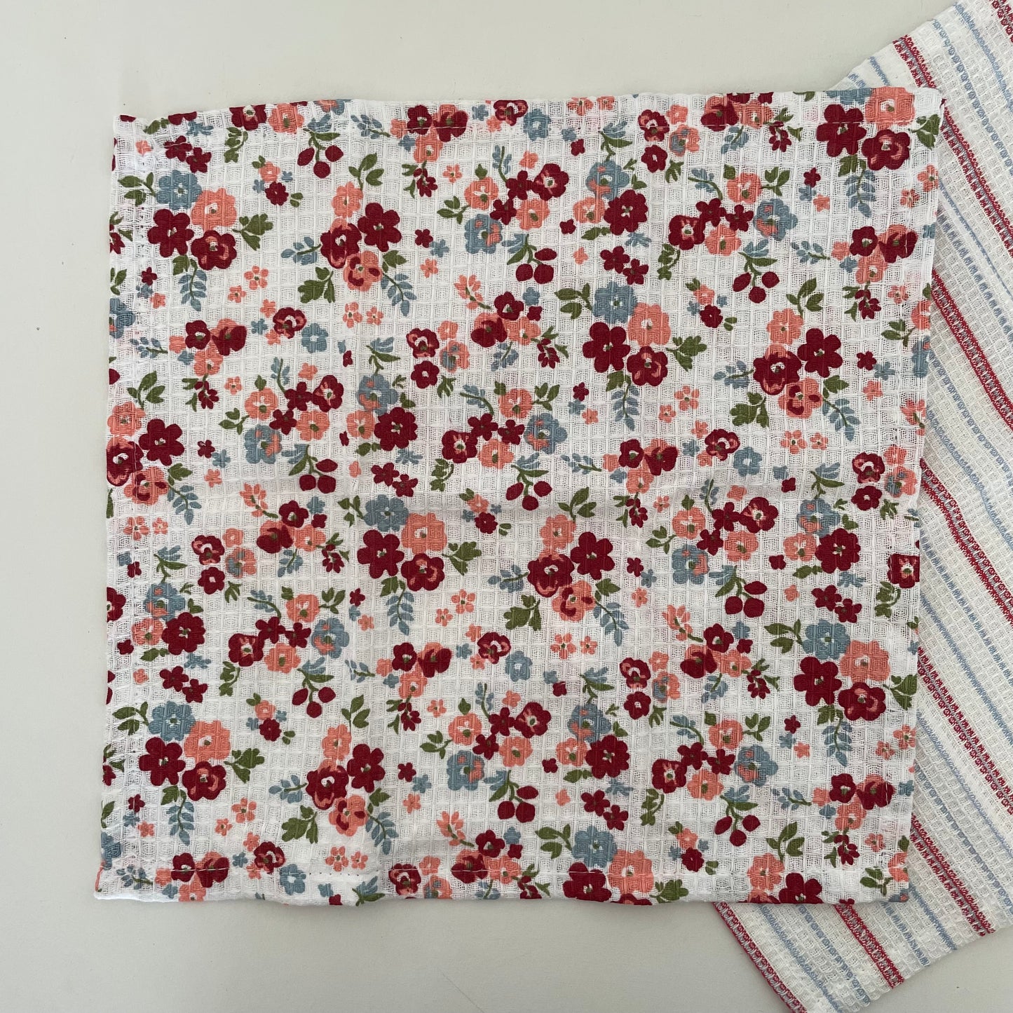 set of 2 100% cotton 12 inch square red floral and stripe dishcloths handmade in India