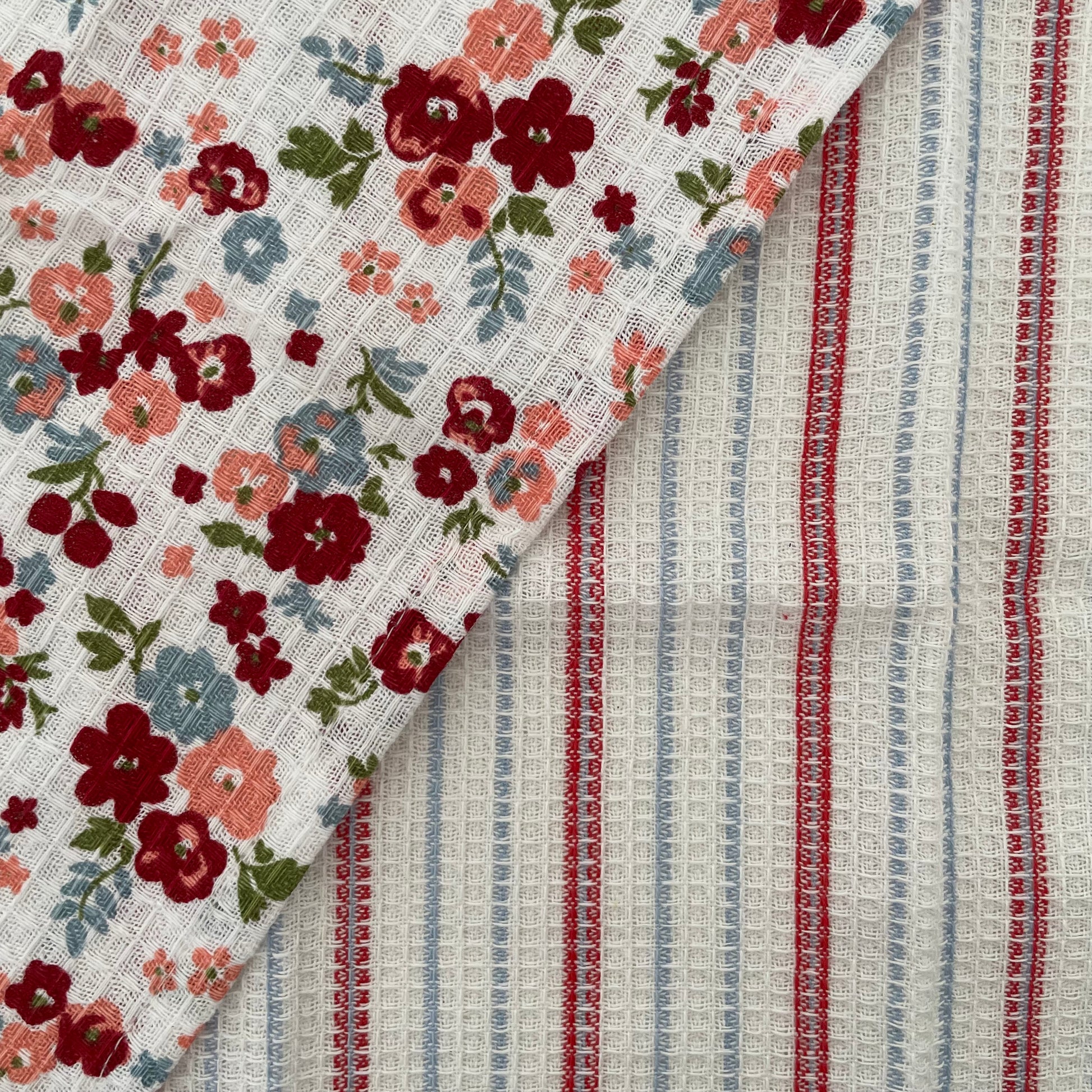 set of 2 100% cotton 12 inch square red floral and stripe dishcloths handmade in India