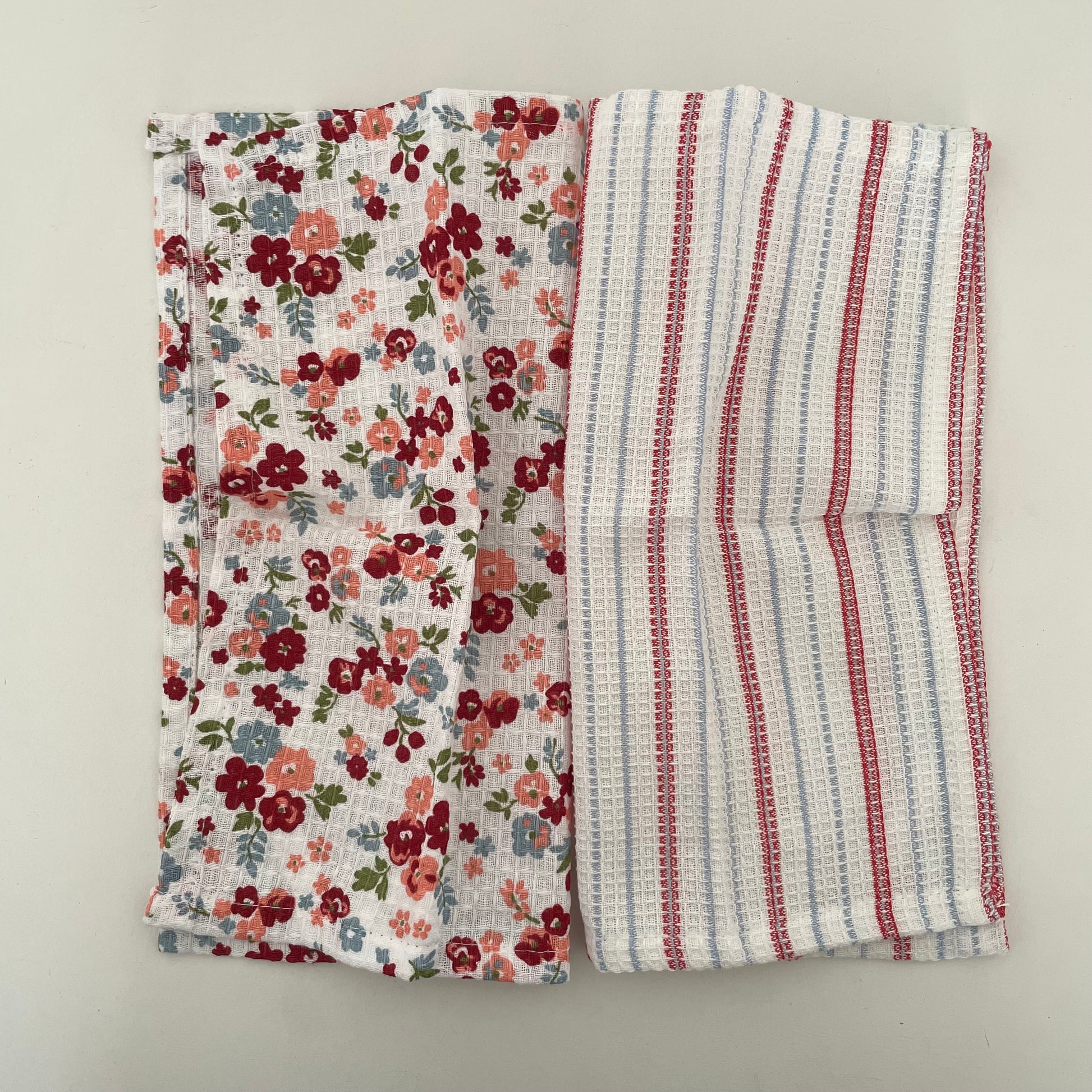 set of 2 100% cotton 12 inch square red floral and stripe dishcloths handmade in India