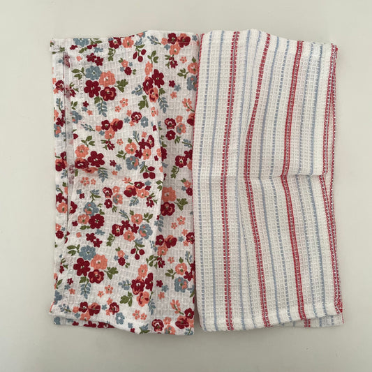 set of 2 100% cotton 12 inch square red floral and stripe dishcloths handmade in India