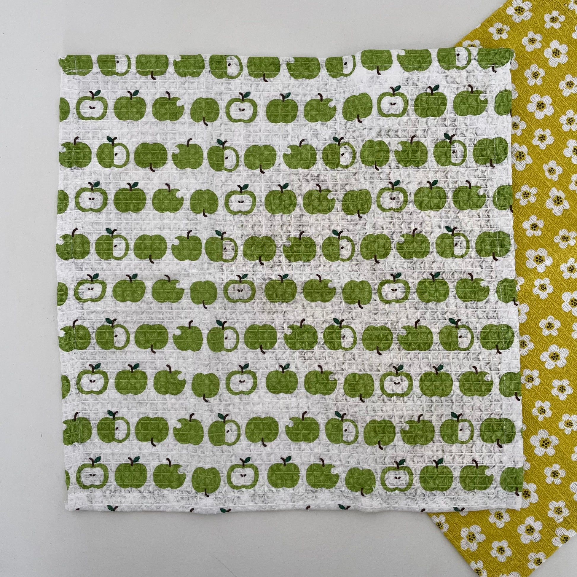 green apple and yellow flower 100% cotton 12" square set of 2 dishcloths made in India