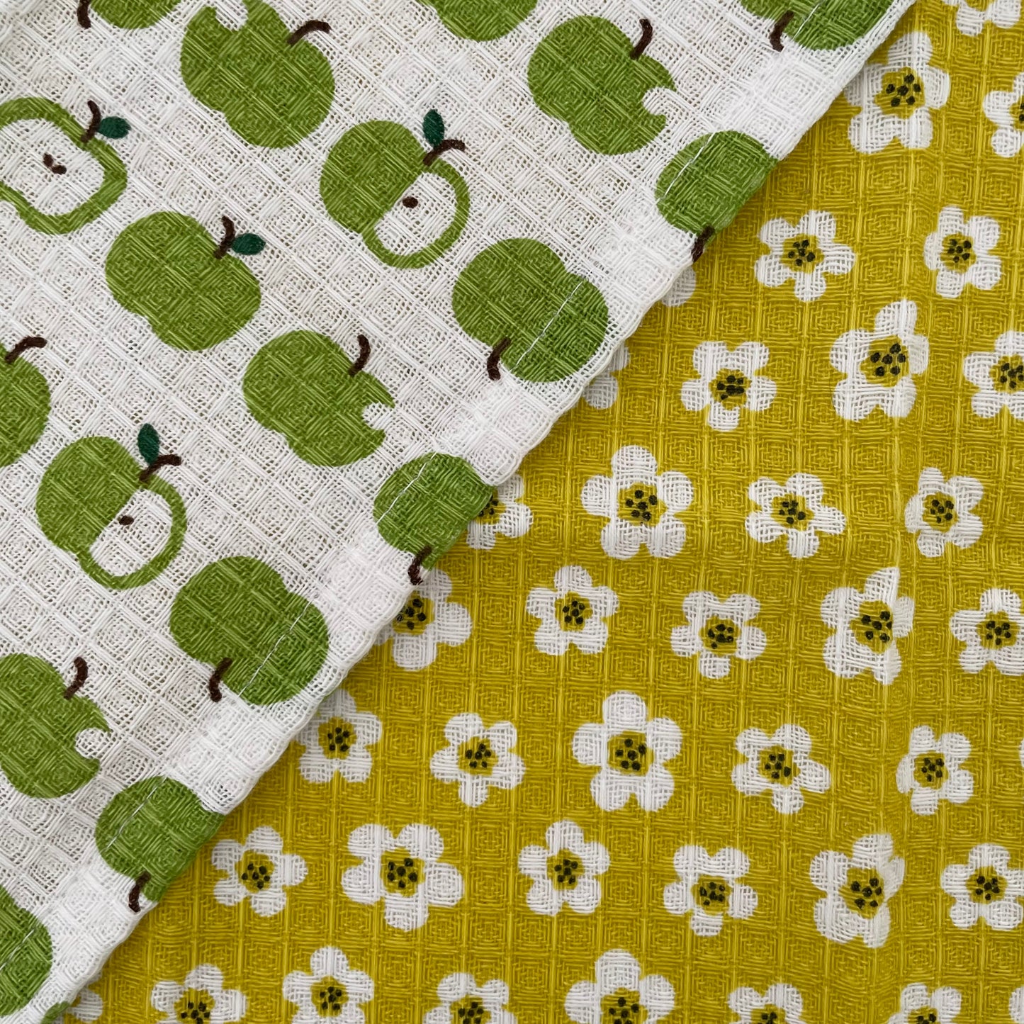 green apple and yellow flower 100% cotton 12" square set of 2 dishcloths made in India