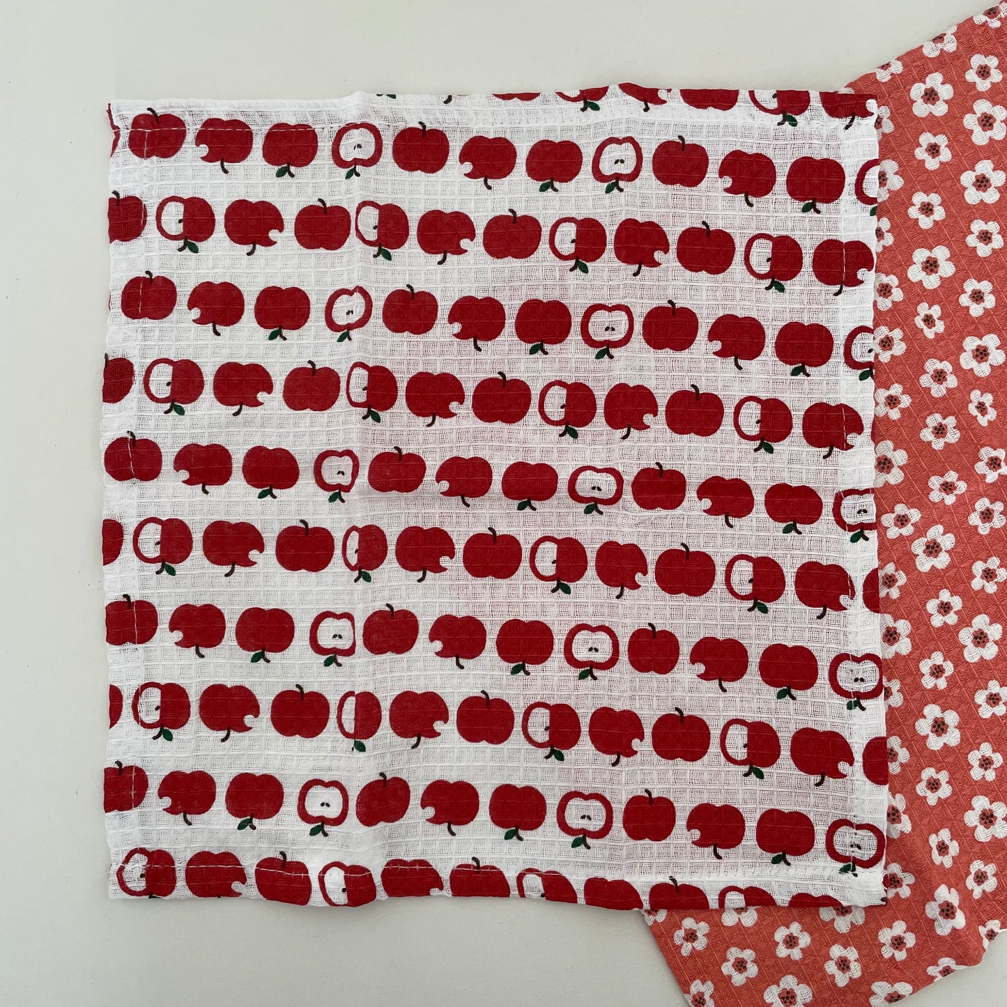 set of 2 100% cotton 12 inch square red apple and flower dishcloths handmade in India