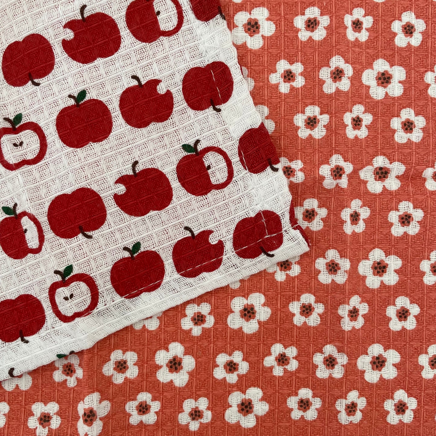 set of 2 100% cotton 12 inch square red apple and flower dishcloths handmade in India