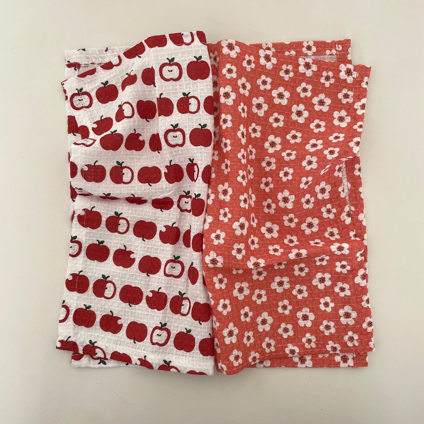 set of 2 100% cotton 12 inch square red apple and flower dishcloths handmade in India