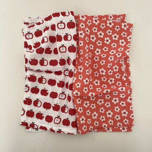 set of 2 100% cotton 12 inch square red apple and flower dishcloths handmade in India