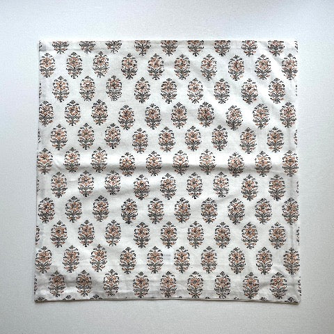neutral peach and greenish grey floral with stem block printed 100 percent cotton 18x18 square pillow cover