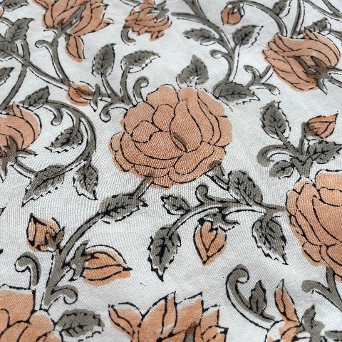 neutral peach and greenish grey roses with vines block printed 100 percent cotton 18x18 square pillow cover with insert