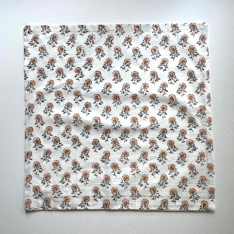 neutral peach and greenish grey floral buds block printed 100 percent cotton 18x18 square pillow cover