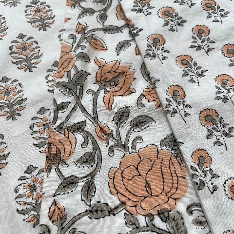 neutral peach and greenish grey floral buds block printed 100 percent cotton 18x18 square pillow cover