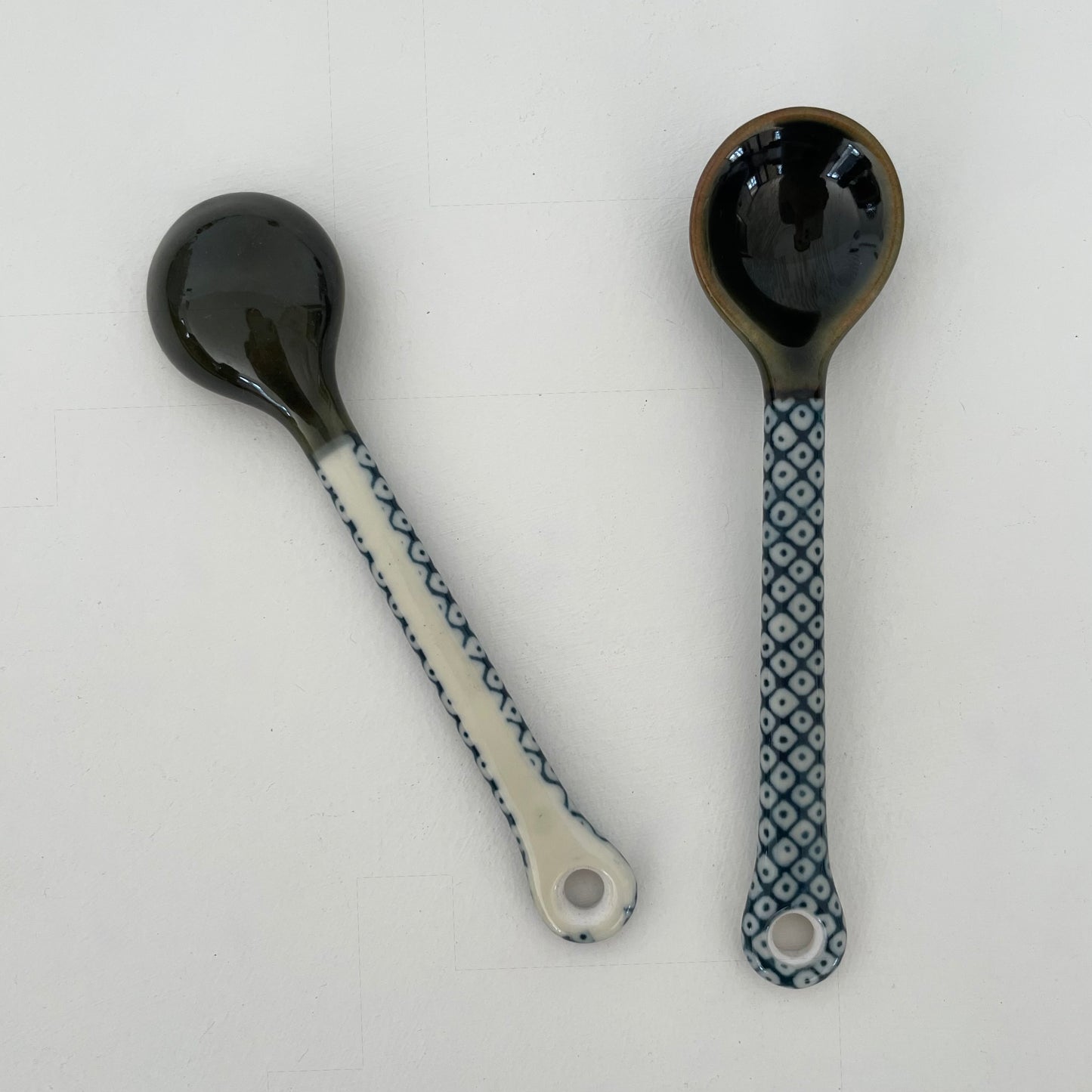 blue/cream patterned small handmade pottery Japanese spoons