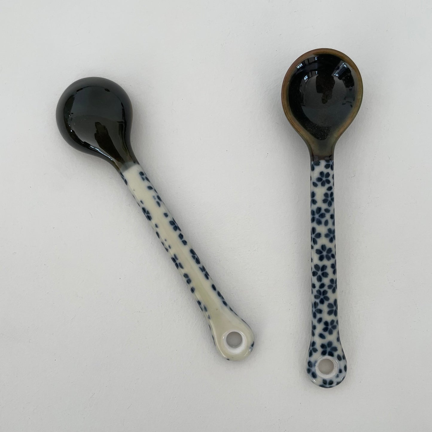 blue/cream patterned small handmade pottery Japanese spoons