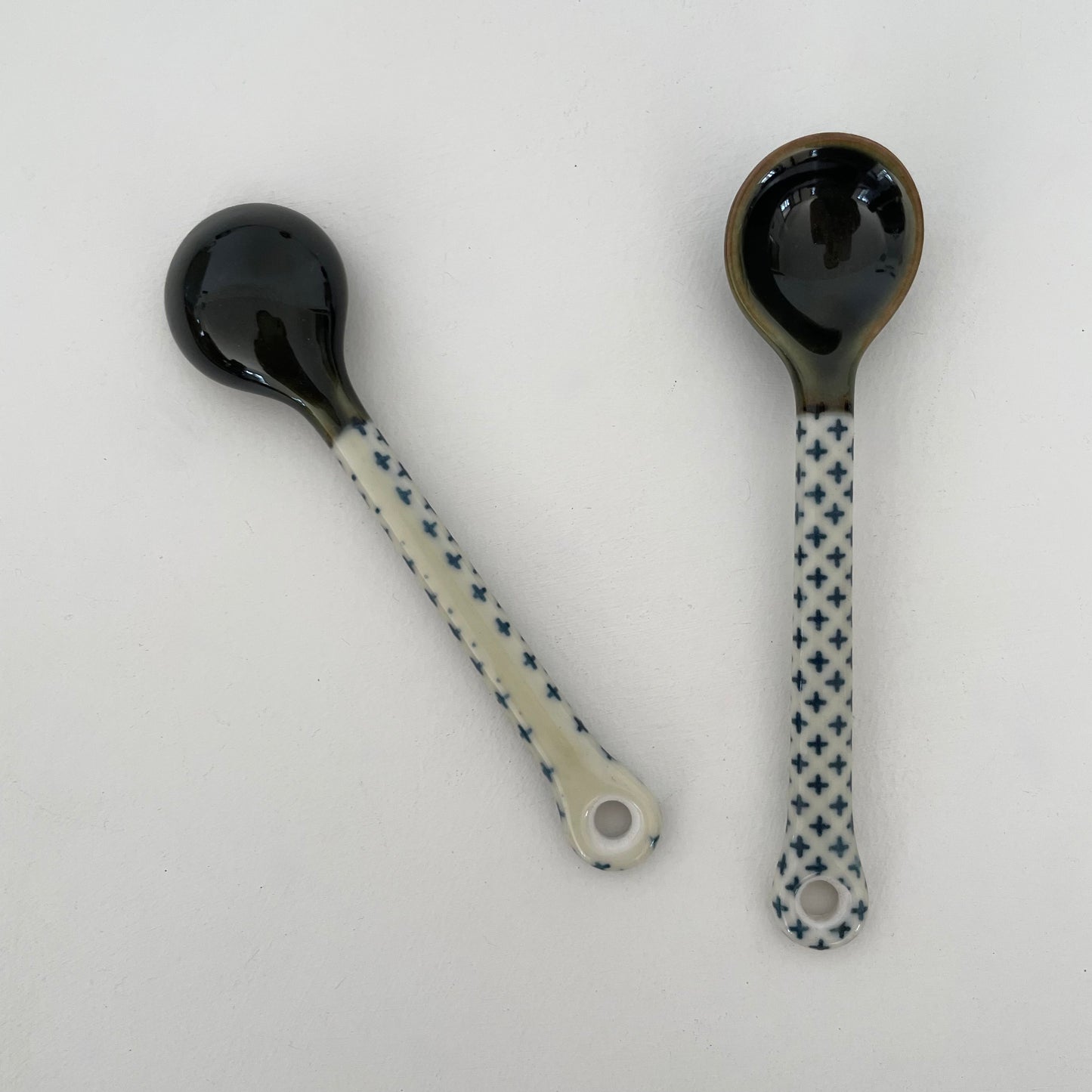 blue/cream patterned small handmade pottery Japanese spoons