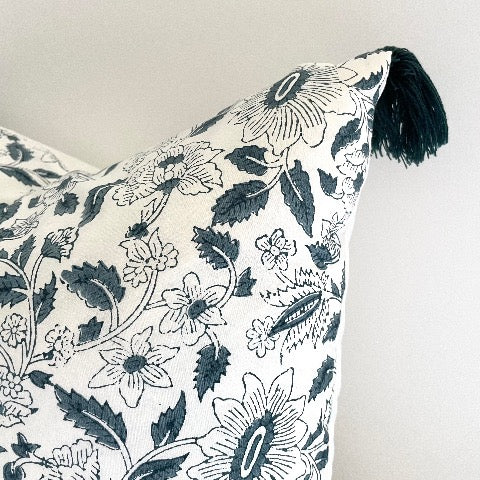 blue floral 100 percent cotton 18x18 square pillow cover with tassels