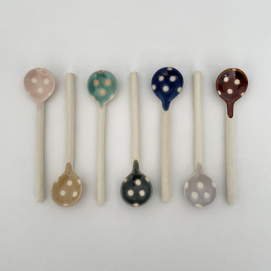 pink lavender mustard hunter green navy blue mint green and cream polka dot handmade Japanese ceramic pottery tea or coffee spoons