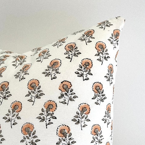 neutral peach and greenish grey floral buds block printed 100 percent cotton 18x18 square pillow cover