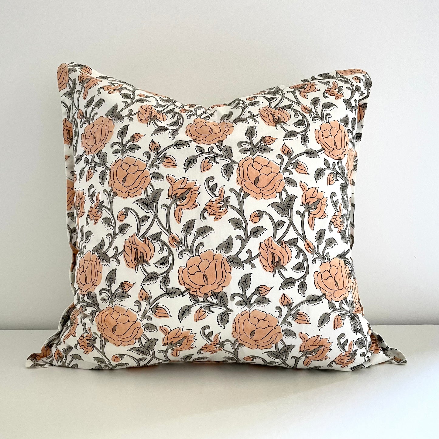 neutral peach and greenish grey roses with vines block printed 100 percent cotton 18x18 square pillow cover with insert