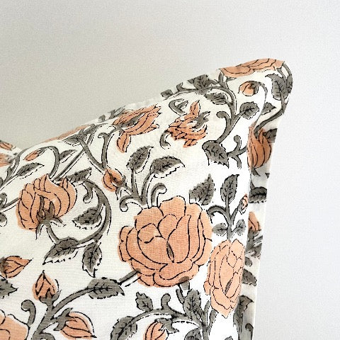 neutral peach and greenish grey roses with vines block printed 100 percent cotton 18x18 square pillow cover with insert