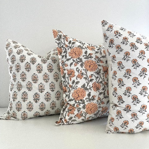 neutral peach and greenish grey floral buds block printed 100 percent cotton 18x18 square pillow cover