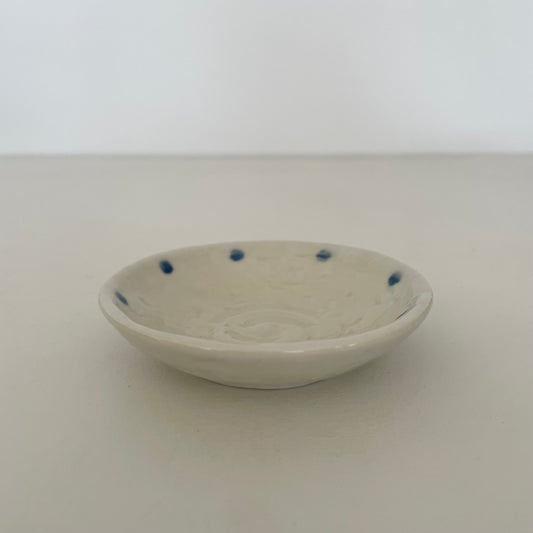 cream/blue dot handmade 3 1/2" ceramic round mini dish