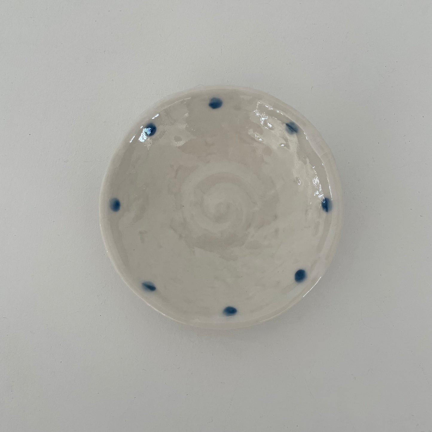 cream/blue dot handmade 3 1/2" ceramic round mini dish