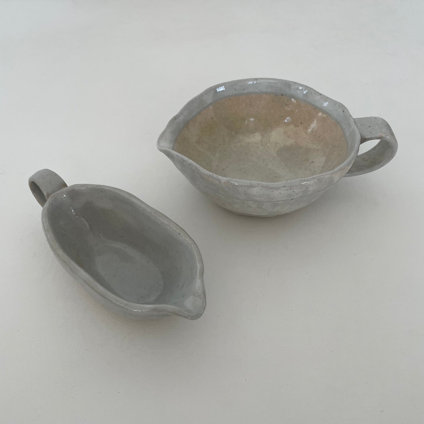 cream and grey gohonte handmade Japanese ceramic pottery small pitchers, syrup pourer, gravy boats in two sizes