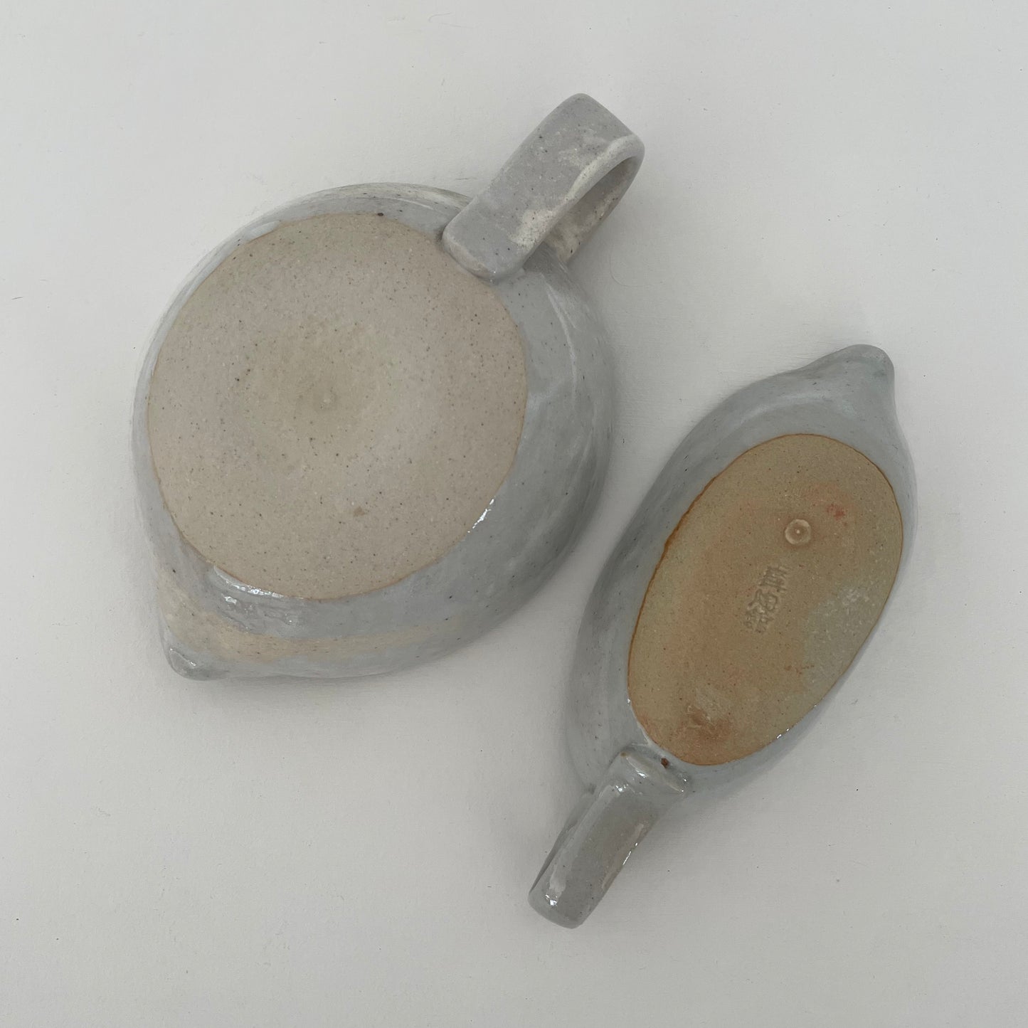 cream and grey gohonte handmade Japanese ceramic pottery small pitchers, syrup pourer, gravy boats in two sizes